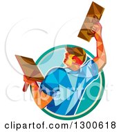 Clipart Of A Retro Low Poly Geometric Male Plasterer Working With Trowels And Emerging From A Circle Royalty Free Vector Illustration