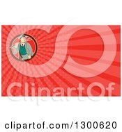 Clipart Of A Retro Cartoon White Man Walking With A Fishing Pole And Red Rays Background Or Business Card Design Royalty Free Illustration