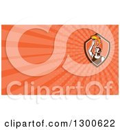 Clipart Of A Retro Male Athlete In A Shield Holding Up A Torch And Orange Rays Background Or Business Card Design Royalty Free Illustration