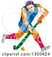 Retro Geometric Low Poly Man Playing Field Hockey