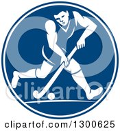 Retro Man Playing Field Hockey In A Blue And White Circle