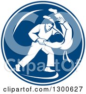 Poster, Art Print Of Retro Judo Opponents In A Throw Takedown In A Blue And White Circle