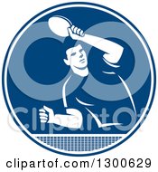 Clipart Of A Retro Man Playing Table Tennis In A Blue And White Circle Royalty Free Vector Illustration