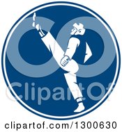 Retro Taekwondo Fighter Kicking In A Blue And White Circle