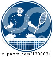 Poster, Art Print Of Retro Tennis Player Man In An Aggressive Competitive Stance In A Blue And White Circle