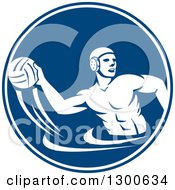 Poster, Art Print Of Retro Man Playing Water Polo In A Blue And White Circle