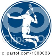 Poster, Art Print Of Retro Male Badminton Player Jumping In A Blue And White Circle