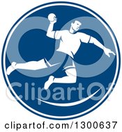 Poster, Art Print Of Retro Male Jumping Handball Player In A Blue And White Circle