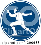 Clipart Of A Retro Man Fencing In A Blue And White Circle Royalty Free Vector Illustration by patrimonio