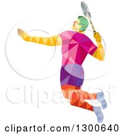Poster, Art Print Of Retro Geometric Low Poly Male Badminton Player Jumping
