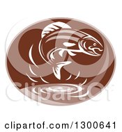 Clipart Of A Retro Trout Fish Jumping Over Water In A Brown Oval Royalty Free Vector Illustration