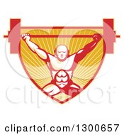 Clipart Of A Retro Bald Male Bodybuilder Squatting And Lifting A Barbell Over A Red And Orange Shield Of Rays Royalty Free Vector Illustration