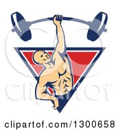 Retro Bald White Male Bodybuilder Lifting A Barbell One Handed And Emerging From A Blue White And Red Triangle
