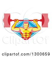 Poster, Art Print Of Retro Male Bodybuilder Lifting A Barbell And Emerging From A Blue And White Diamond