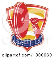 Poster, Art Print Of Retro Male Bodybuilders Hand Holding A Barbell With A Belt In A Shield