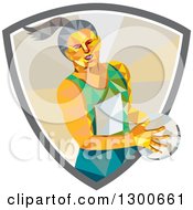 Clipart Of A Retro Low Poly Geometric Female Netball Player Emerging From A Shield Royalty Free Vector Illustration