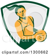 Poster, Art Print Of Retro Female Netball Player Emerging From A Green White And Gray Shield
