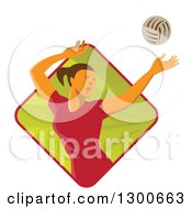 Poster, Art Print Of Retro White Female Volleyball Player Spiking Over A Green And Red Ray Diamond