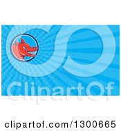 Clipart Of A Cartoon Angry Red Pig And Blue Rays Background Or Business Card Design Royalty Free Illustration