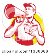 Poster, Art Print Of Retro Male Worker Holding A Book And Using A Bullhorn In A Yellow Circle