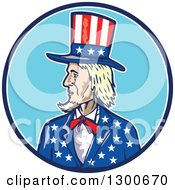 Poster, Art Print Of Cartoon Patriotic American Uncle Sam In A Blue And White Circle