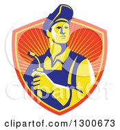 Poster, Art Print Of Retro Male Welder Holding A Torch In A Sunny Shield