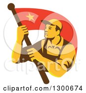 Poster, Art Print Of Retro Chinese Communist Worker Waving A Flag