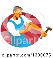 Poster, Art Print Of Retro Male Worker Rolling Up A Sleeve And Holding A Hammer Over An Oval Of Red Rays