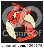 Poster, Art Print Of Retro Male Worker Hammering In Red Black And Yellow