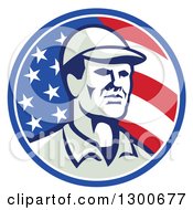 Poster, Art Print Of Retro American Worker Wearing A Cap In An American Flag Circle