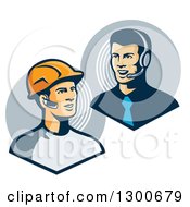 Poster, Art Print Of Retro White Male Construction Worker Communicating To A Telemarketer Or Boss With Bluetooth Ear Pieces
