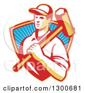 Poster, Art Print Of Retro Male Construction Worker Carrying A Sledgehammer In A Shield Of Rays