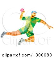 Poster, Art Print Of Retro Low Poly Geometric Male Handball Player Jumping