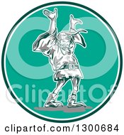 Cartoon Cheering Dwarf Or Elf In A Green And White Circle