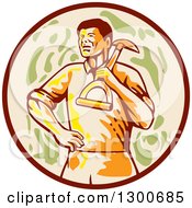 Clipart Of A Retro Male Gardener With A Shovel Over His Shoulder In A Brown Tan And Green Circle Royalty Free Vector Illustration