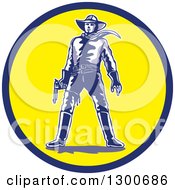 Poster, Art Print Of Cartoon Standing Western Cowboy Holding A Pistol In A Blue And Yellow Circle