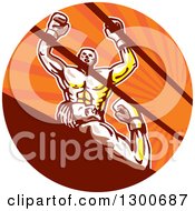 Cartoon Victorious Boxer Cheering Over A Knocked Out Opponent In An Orange Sun Ray Circle