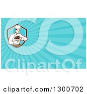 Clipart Of A Retro Male Chef Carrying A Roasted Chicken On A Platter And Blue Rays Background Or Business Card Design Royalty Free Illustration