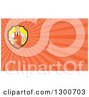 Clipart Of A Retro Cartoon Red Haired White Male Chef Wearing An Apron And Pointing And Orange Rays Background Or Business Card Design Royalty Free Illustration