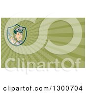 Retro Gas Station Attendant Jockey Holding A Nozzle And Green Rays Background Or Business Card Design