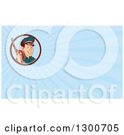 Retro Gas Station Attendant Jockey Holding A Nozzle And Light Blue Rays Background Or Business Card Design