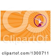 Clipart Of A Retro Javelin Thrower And Orange Rays Background Or Business Card Design Royalty Free Illustration