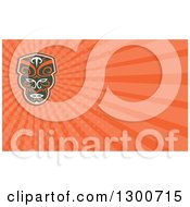 Poster, Art Print Of Retro Maori Mask And Orange Rays Background Or Business Card Design