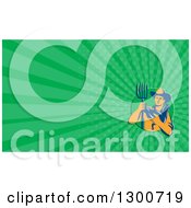 Clipart Of A Retro Male Farmer Holding A Pitchfork And Chicken And Green Rays Background Or Business Card Design Royalty Free Illustration
