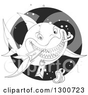 Poster, Art Print Of Black And White Lineart Shark Eating Snorkel Gear In A Circle