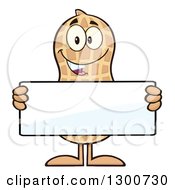 Clipart Of A Happy Peanut Mascot Character Holding A Blank Sign Royalty Free Vector Illustration