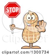 Clipart Of A Happy Peanut Mascot Character Gesturing And Holding A Stop Sign Royalty Free Vector Illustration