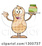 Happy Peanut Mascot Character Gesturing Ok And Holding A Jar Of Butter