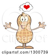 Clipart Of A Happy Peanut Mascot Character Thinking About Love And Wanting A Hug Royalty Free Vector Illustration