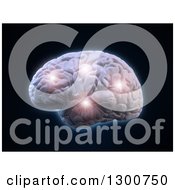 Clipart Of A 3d Human Brain With Impulse Lights On Black Royalty Free Illustration